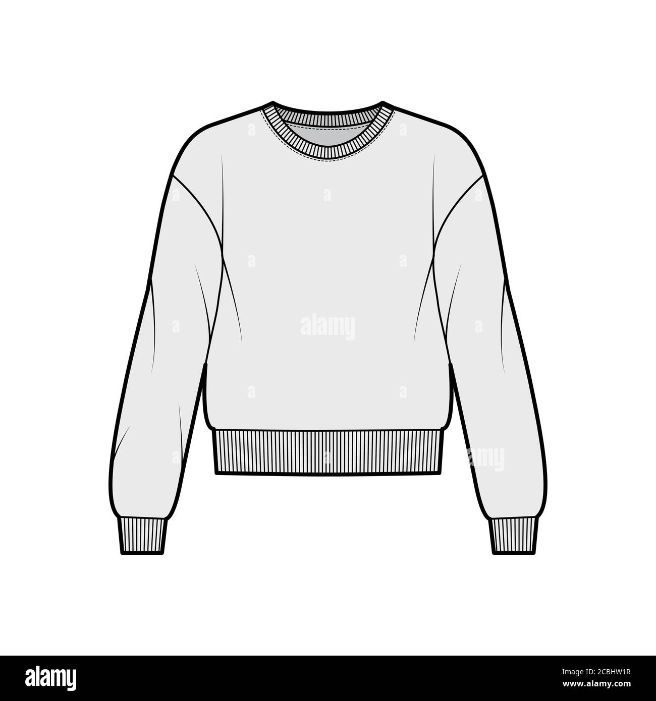 Cotton-terry sweatshirt technical fashion illustration with relaxed fit, crew neckline, long sleeves. Flat outwear jumper apparel template front, grey color. Women, men, unisex top CAD mockup Stock Vector