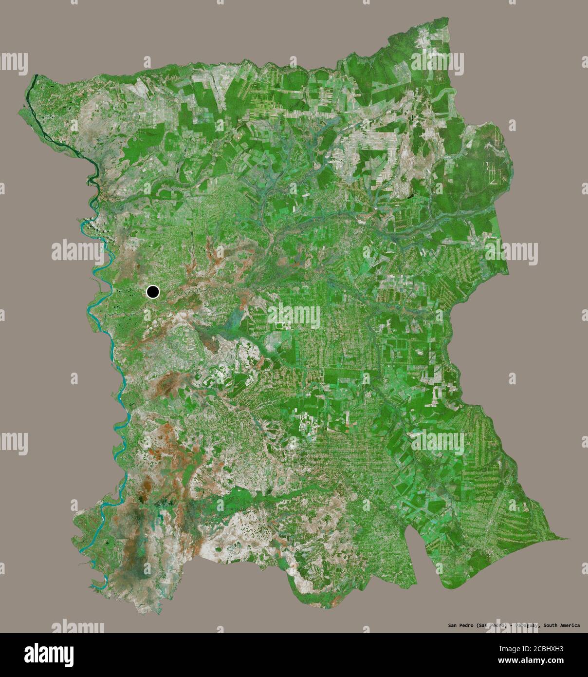 Shape of San Pedro, department of Paraguay, with its capital isolated