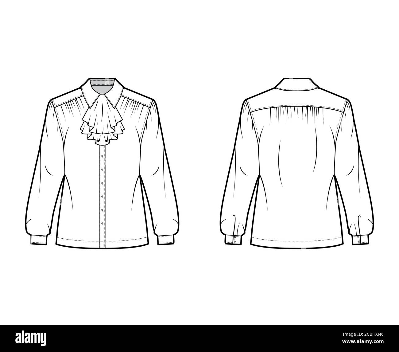 Jabot shirt technical fashion illustration with long sleeves with cuff