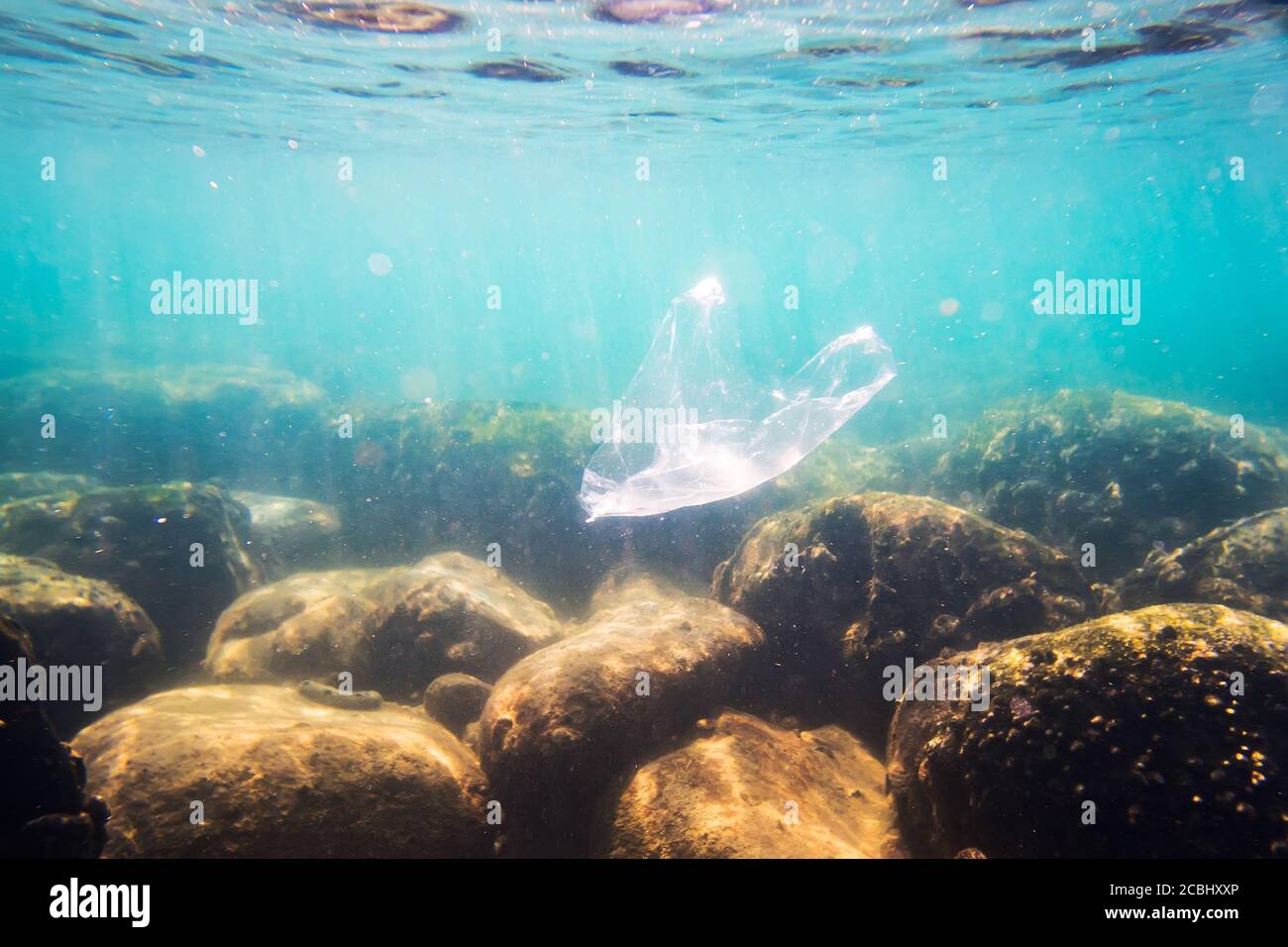 Underwater plastic bag pollution in ocean. Bad ecology of sea water