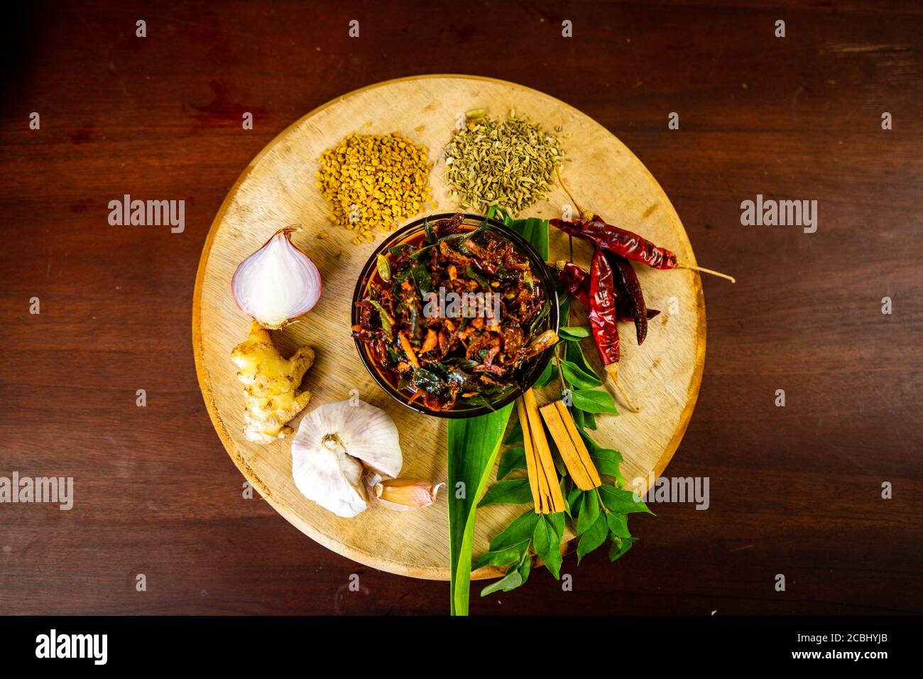 Spicy Maldives fish dish - (dried fish sambol/sambal) with leafy green water spinach (Kankun )stir fries. Asian food kitchen. Stock Photo