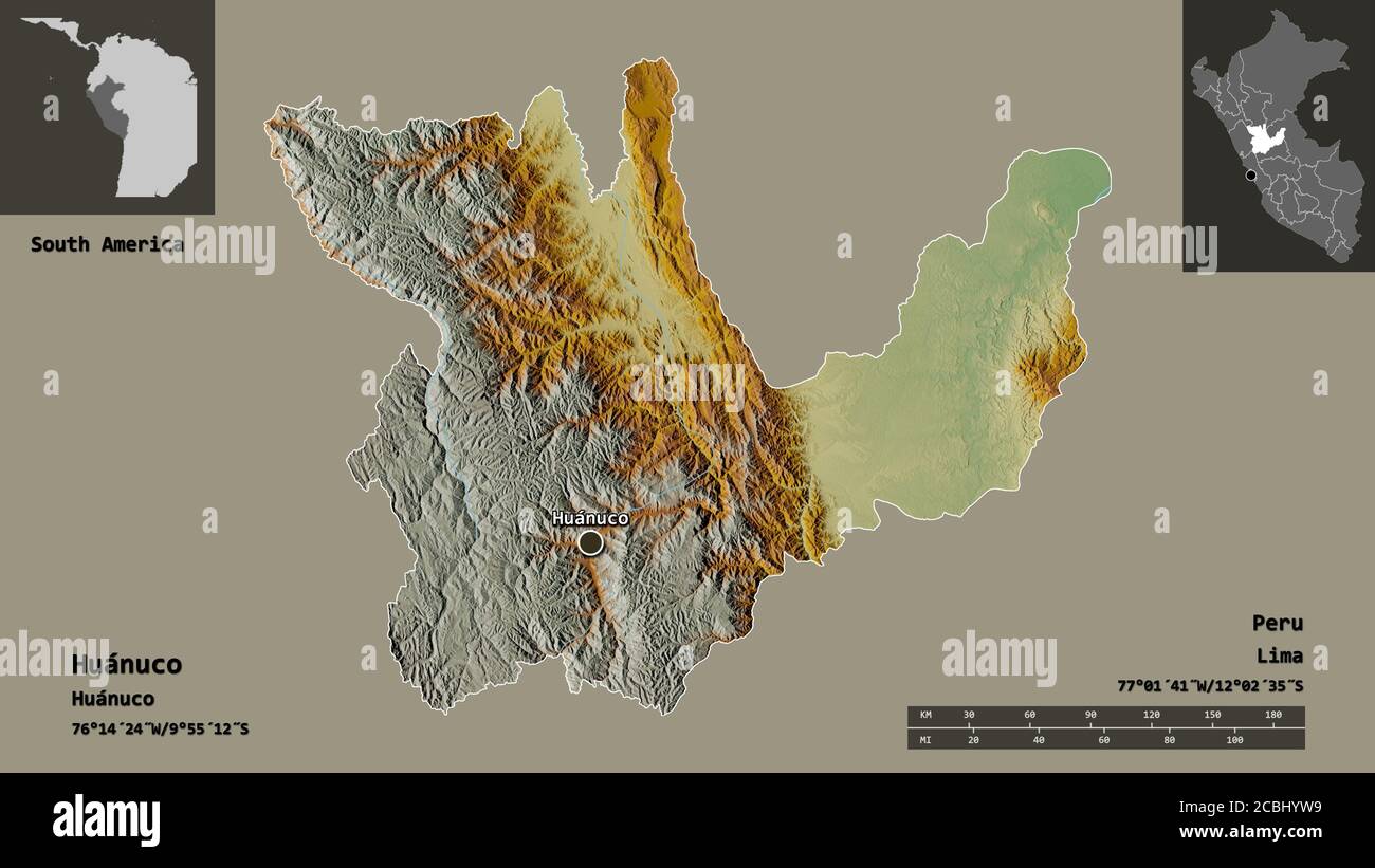 Shape of Huánuco, region of Peru, and its capital. Distance scale