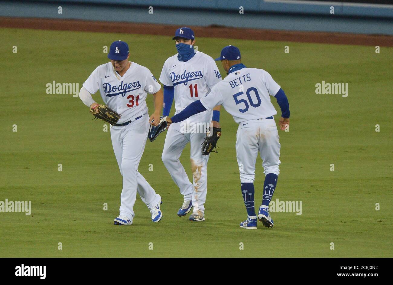 Los Angeles, United States. 13th Aug, 2020. Los Angeles Dodgers' outfielders Joc Pederson, AJ