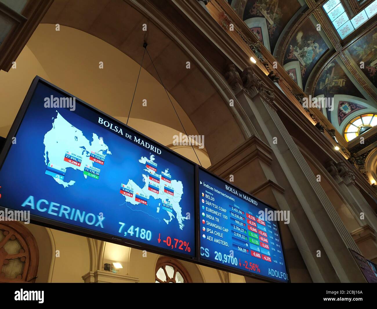 Madrid Spain 14th Aug 2020 Screens Show The Evolution Of Spain S Market At The Stock Market In Madrid Spain 14 August 2020 The Ibex 35 Dropped A 0 96 Per Cent At The