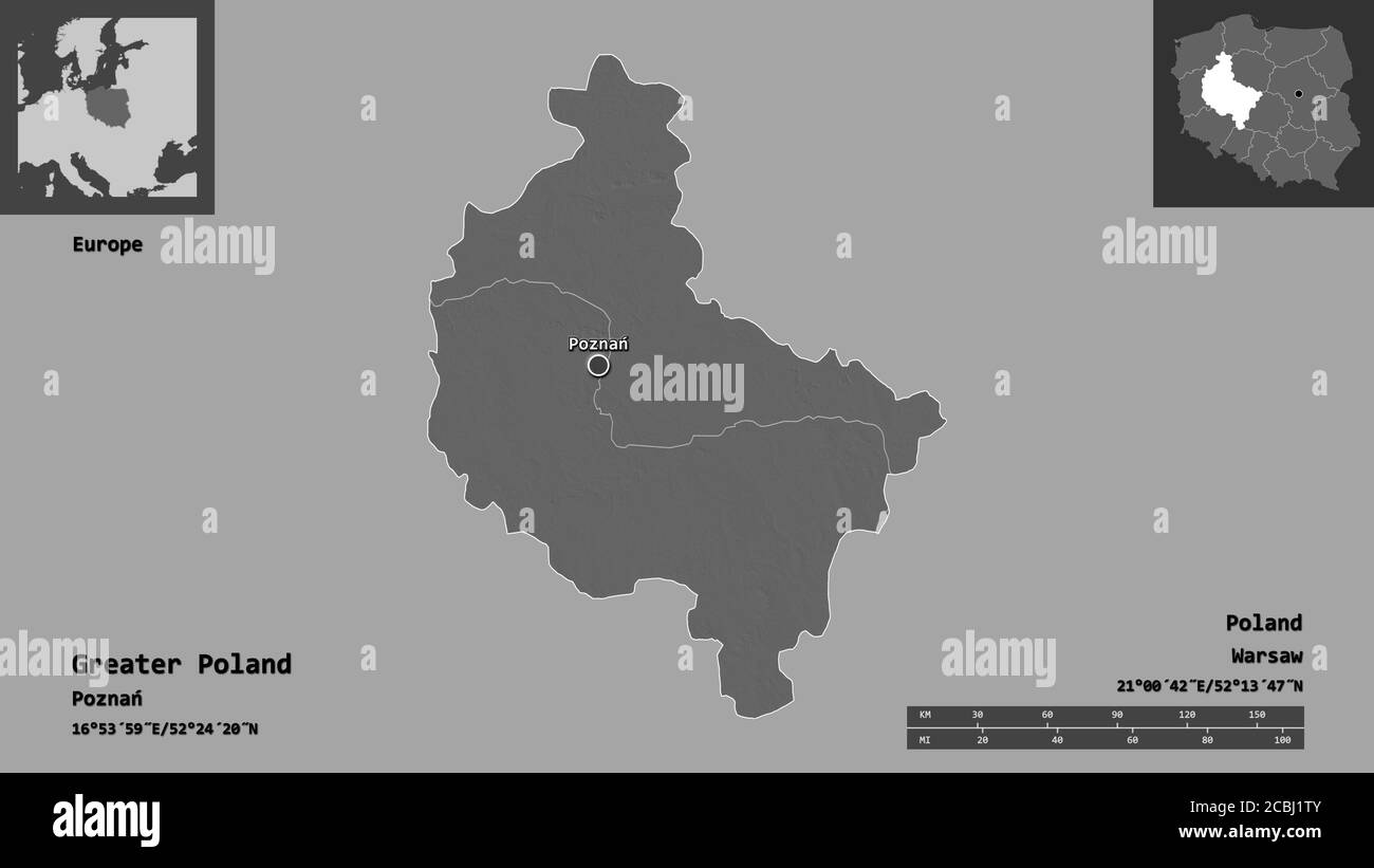 Shape of Greater Poland, voivodeship of Poland, and its capital. Distance scale, previews and labels. Bilevel elevation map. 3D rendering Stock Photo