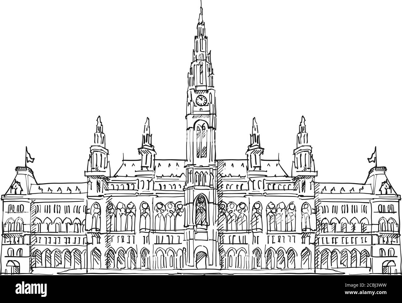 Amsterdam cityhall drawing. Black and white hand drawn illustration. Icon sign for print and labelling. Stock Vector