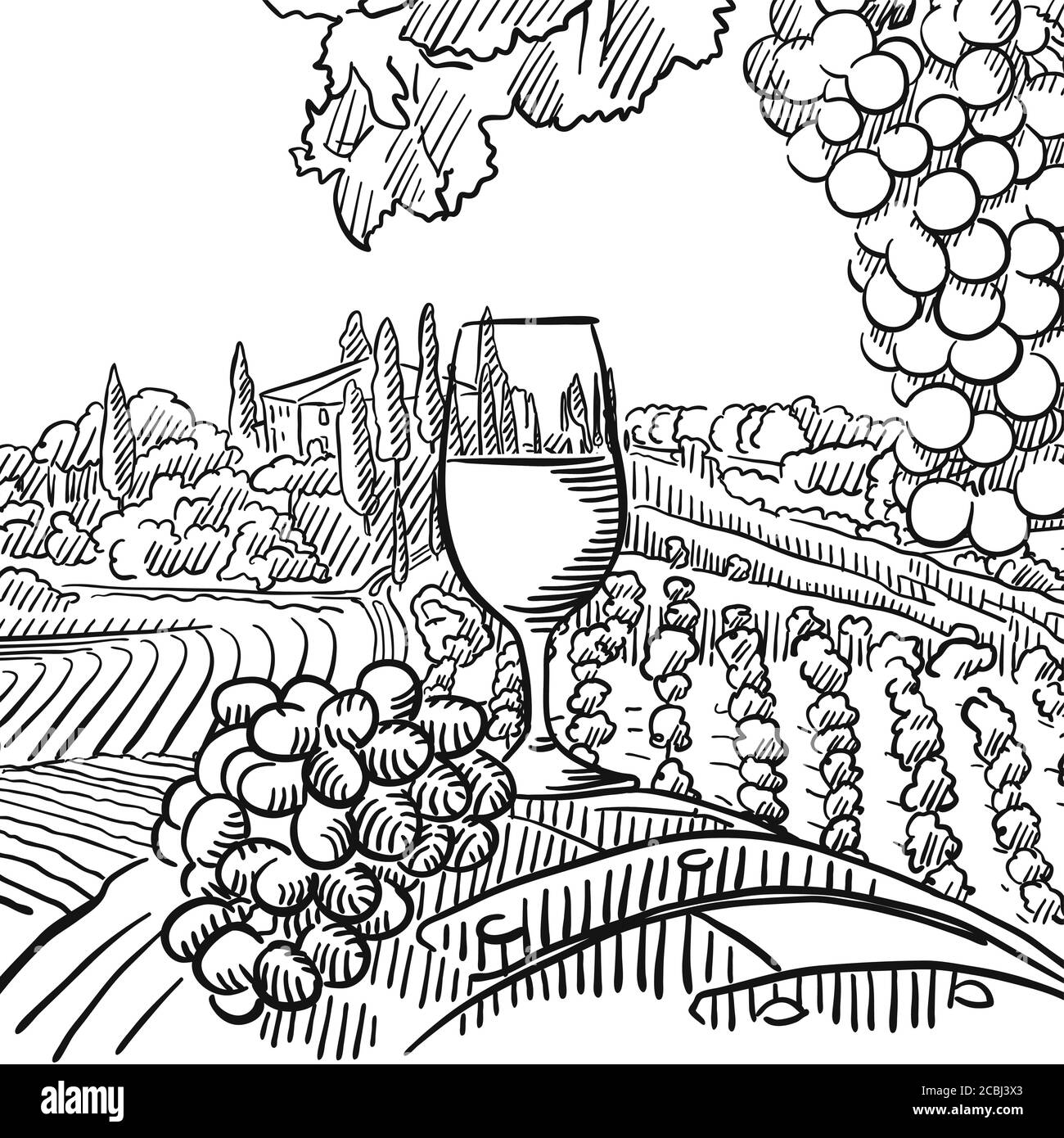 Vineyard scene compostition. Black and white hand drawn illustration. Icon sign for print and labelling. Stock Vector