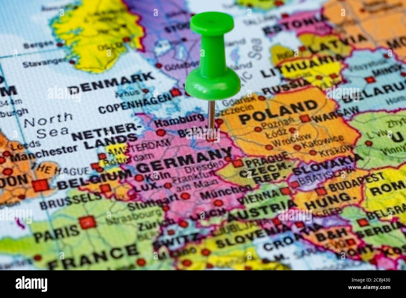 Push pin on political map in Berlin, Germany Stock Photo