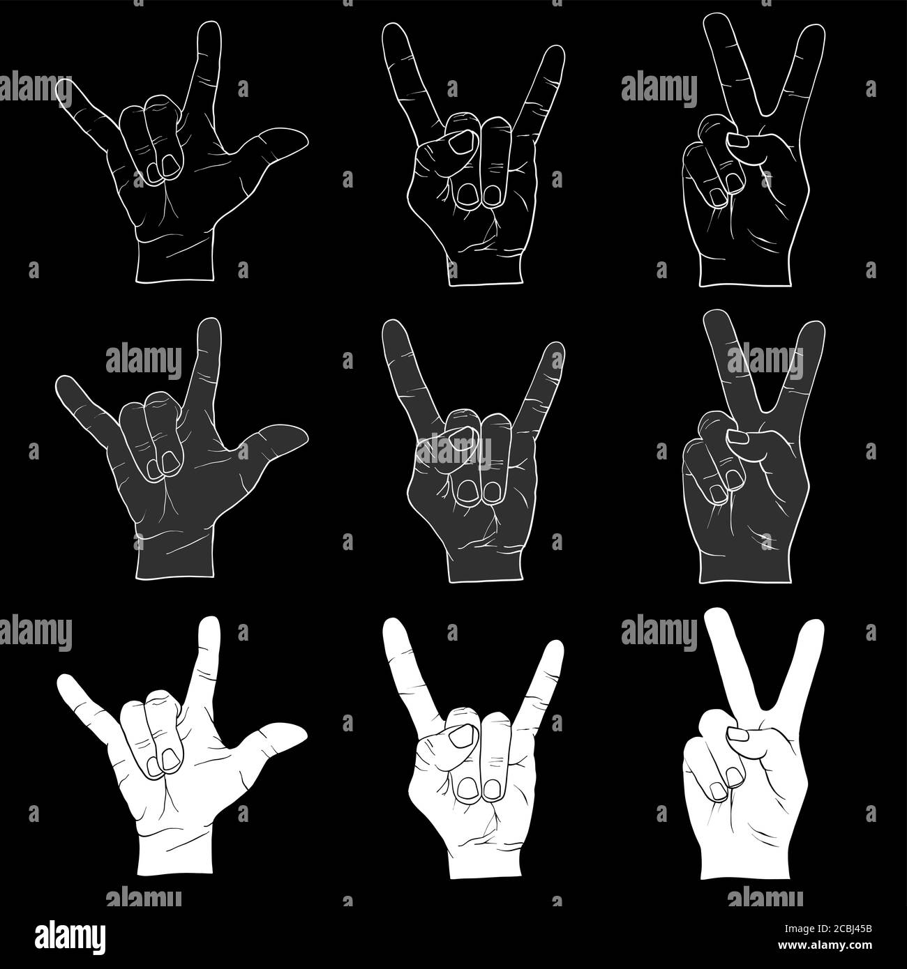 Three finger sign studies. Black and white hand drawn illustration. Icon sign for print and labelling. Stock Vector