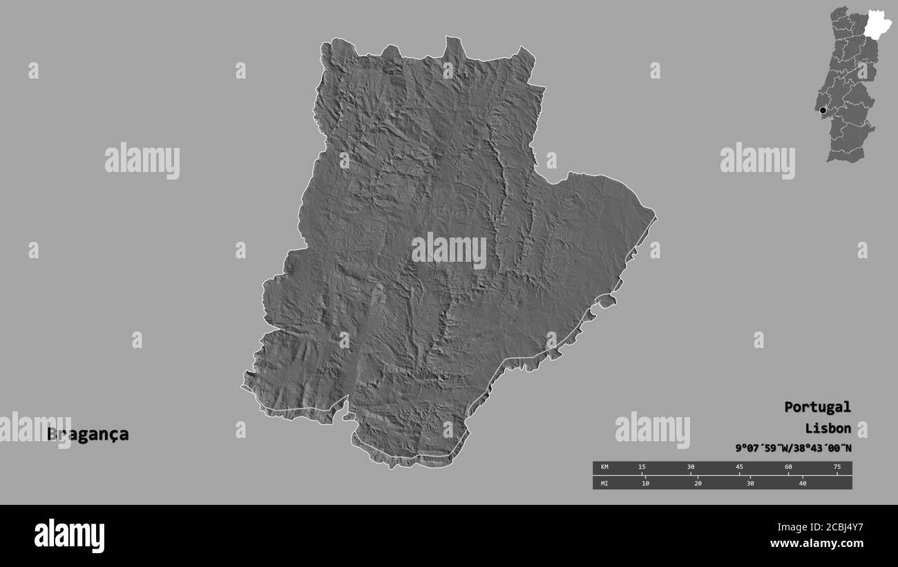 Shape of Bragança, district of Portugal, with its capital isolated on solid background. Distance scale, region preview and labels. Bilevel elevation m Stock Photo