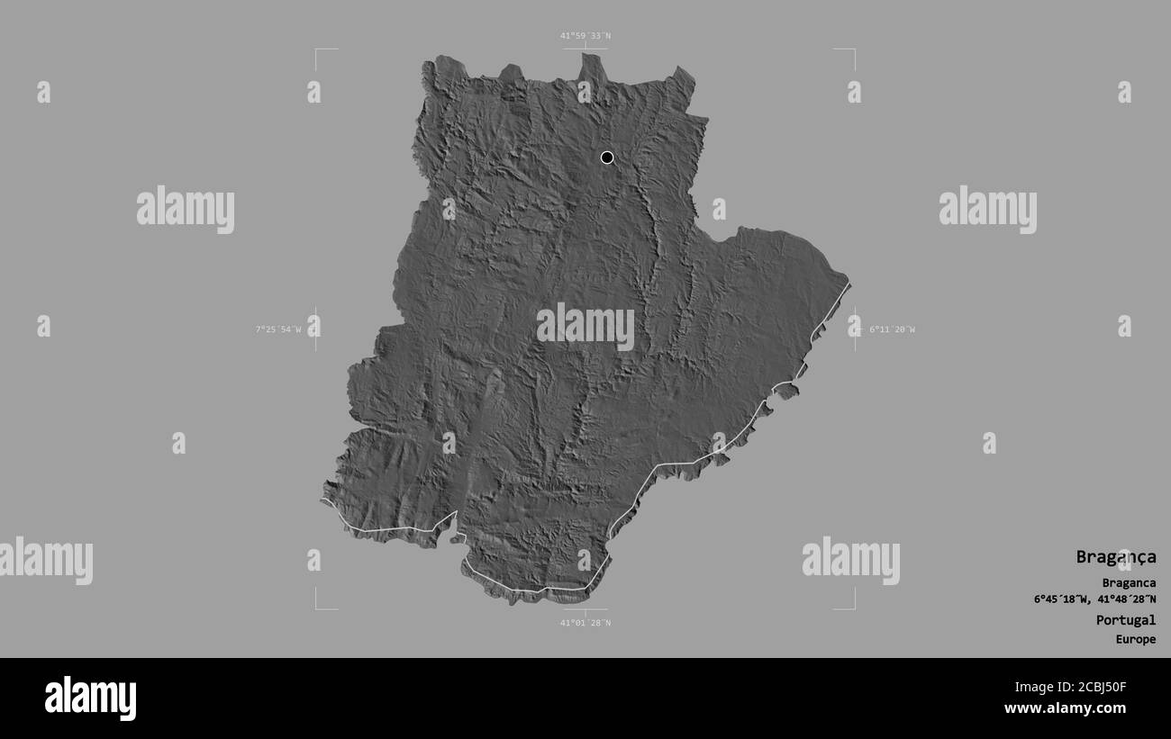 Area of Bragança, district of Portugal, isolated on a solid background in a georeferenced bounding box. Labels. Bilevel elevation map. 3D rendering Stock Photo