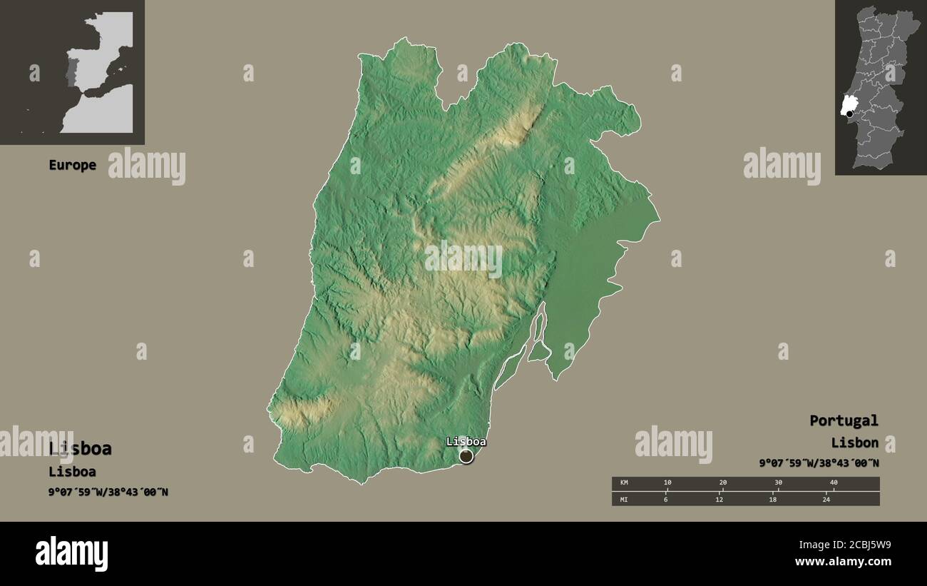 Shape of Lisboa, district of Portugal, and its capital. Distance scale
