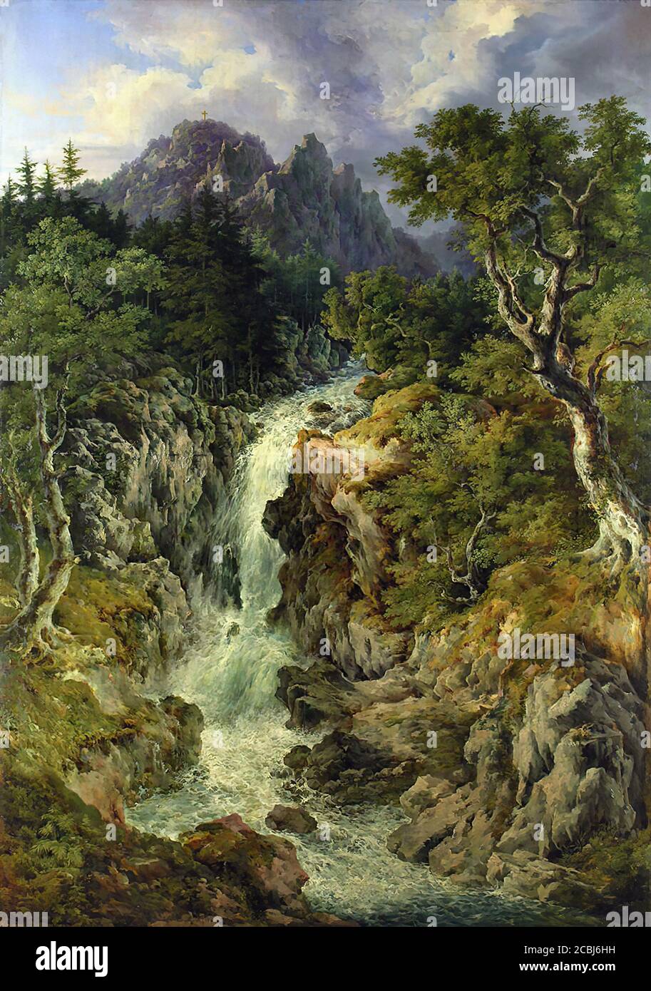 Schirmer Johann Wilhelm - Gebirgsbach Mit Wasserfall Vor Felsmassiv Und Gipfelkreuz 1 - German School - 19th  Century Stock Photo