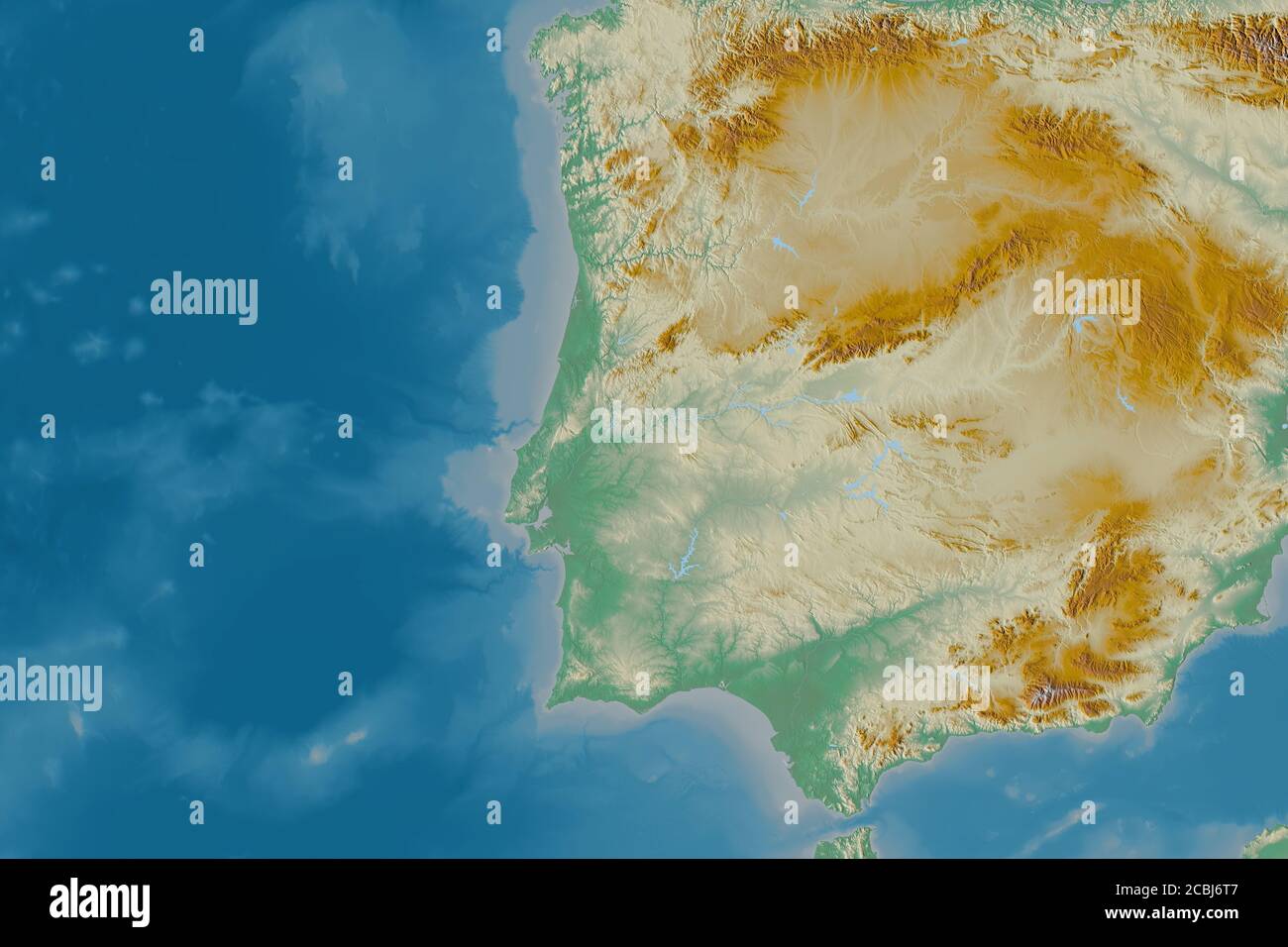 Extended area of Portugal. Topographic relief map. 3D rendering Stock