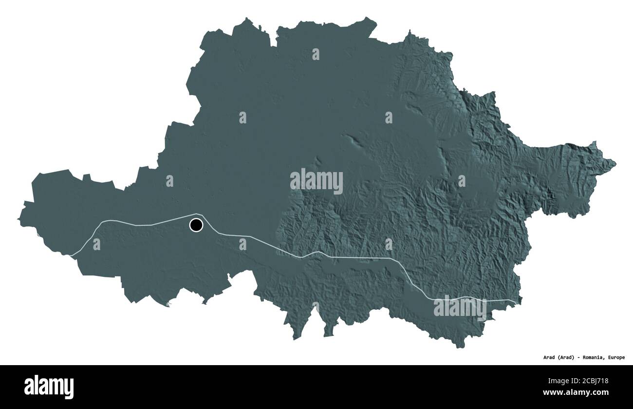 Shape of Arad, county of Romania, with its capital isolated on white background. Colored elevation map. 3D rendering Stock Photo