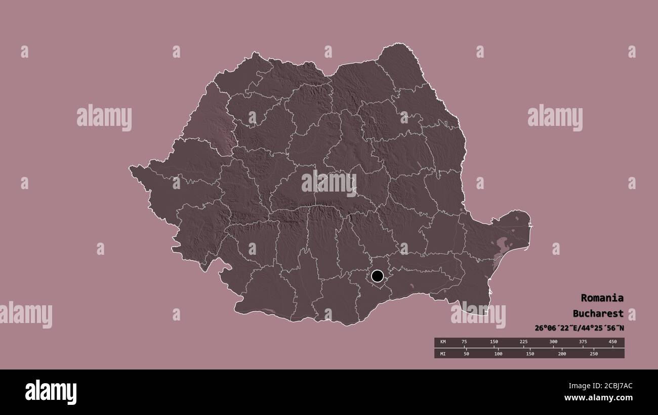 Desaturated shape of Romania with its capital, main regional division ...