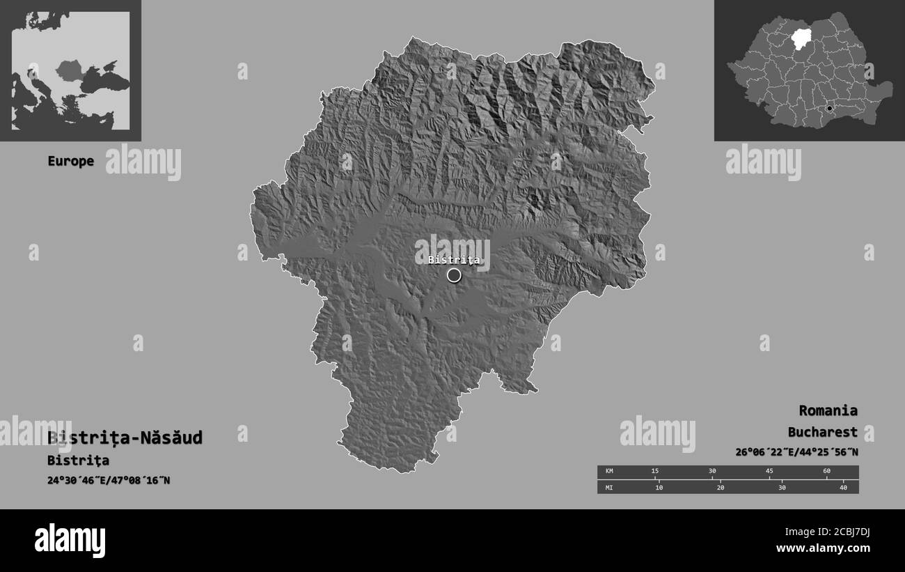 Shape of BistrițaNăsăud, county of Romania, and its capital. Distance