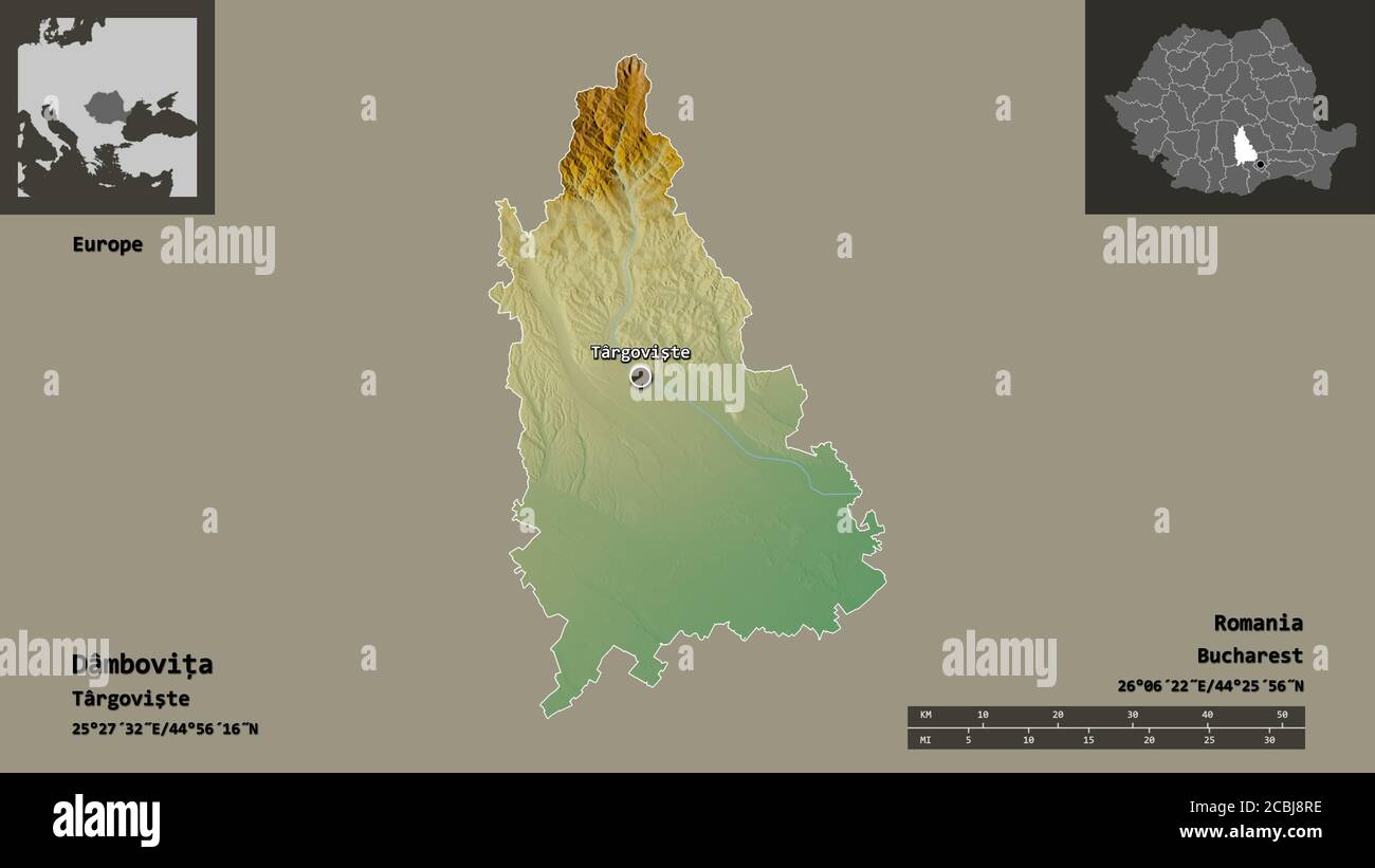 Shape of Dâmbovița, county of Romania, and its capital. Distance scale