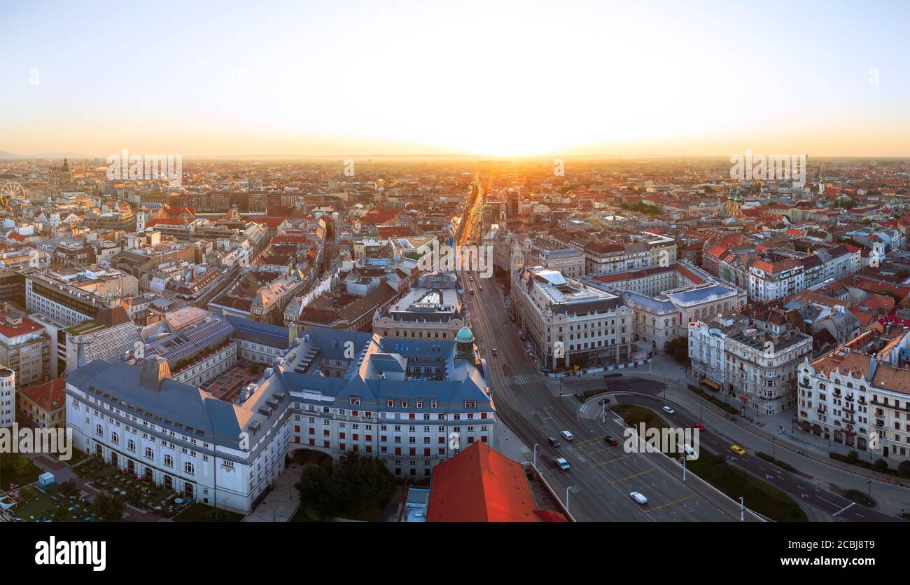 Aerial view about Budapest city. Ferenciek square is in this photo with freedom Journal road. Many beautiful old buildings are there Paris court for e Stock Photo