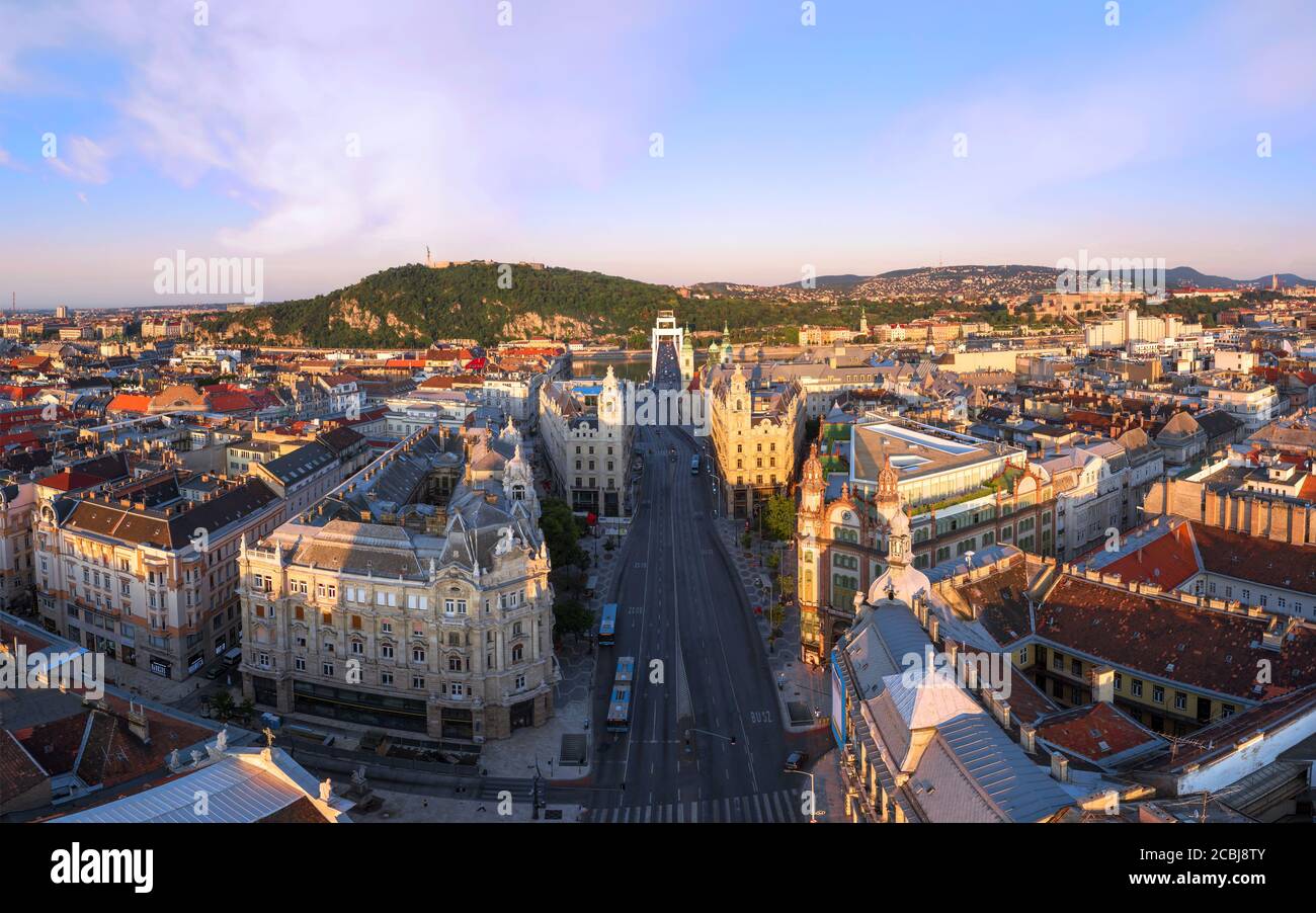 Aerial view about Budapest city. Ferenciek square is in this photo with freedom Journal road. Many beautiful old buildings are there Paris court for e Stock Photo