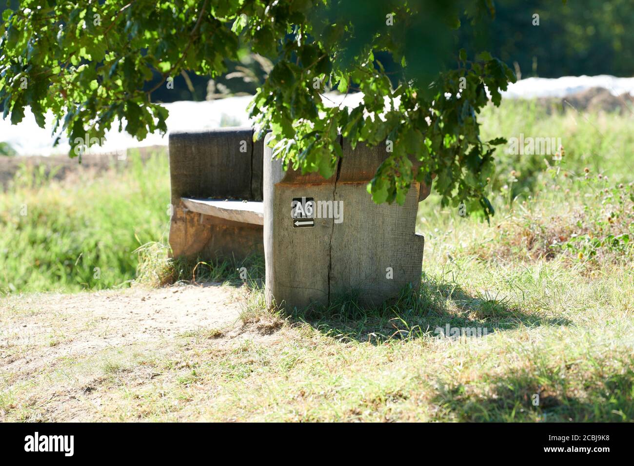 Bank unter einem Baum laedt zum ausruhen ein. Auf der Seite ist ein Hinweis zu einem Wanderweg. Stock Photo