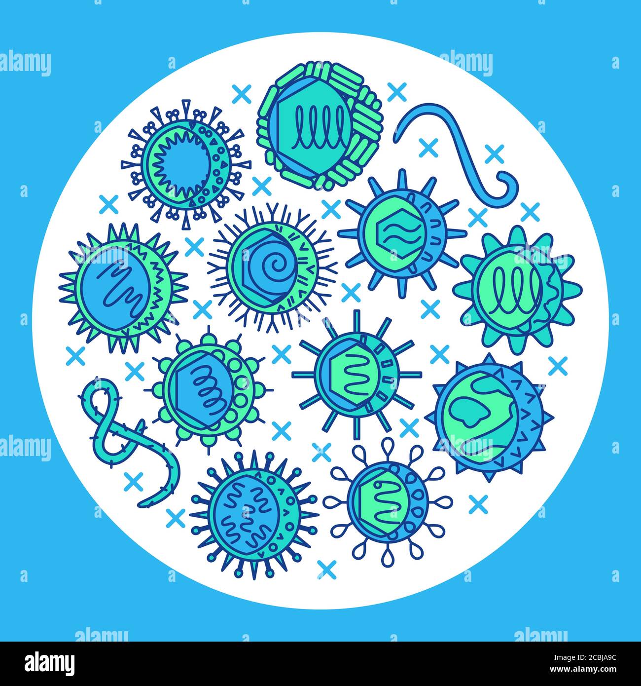 Human viruses poster in colored line style. Science banner with microorganism symbols in round frame. Vector illustration. Stock Vector
