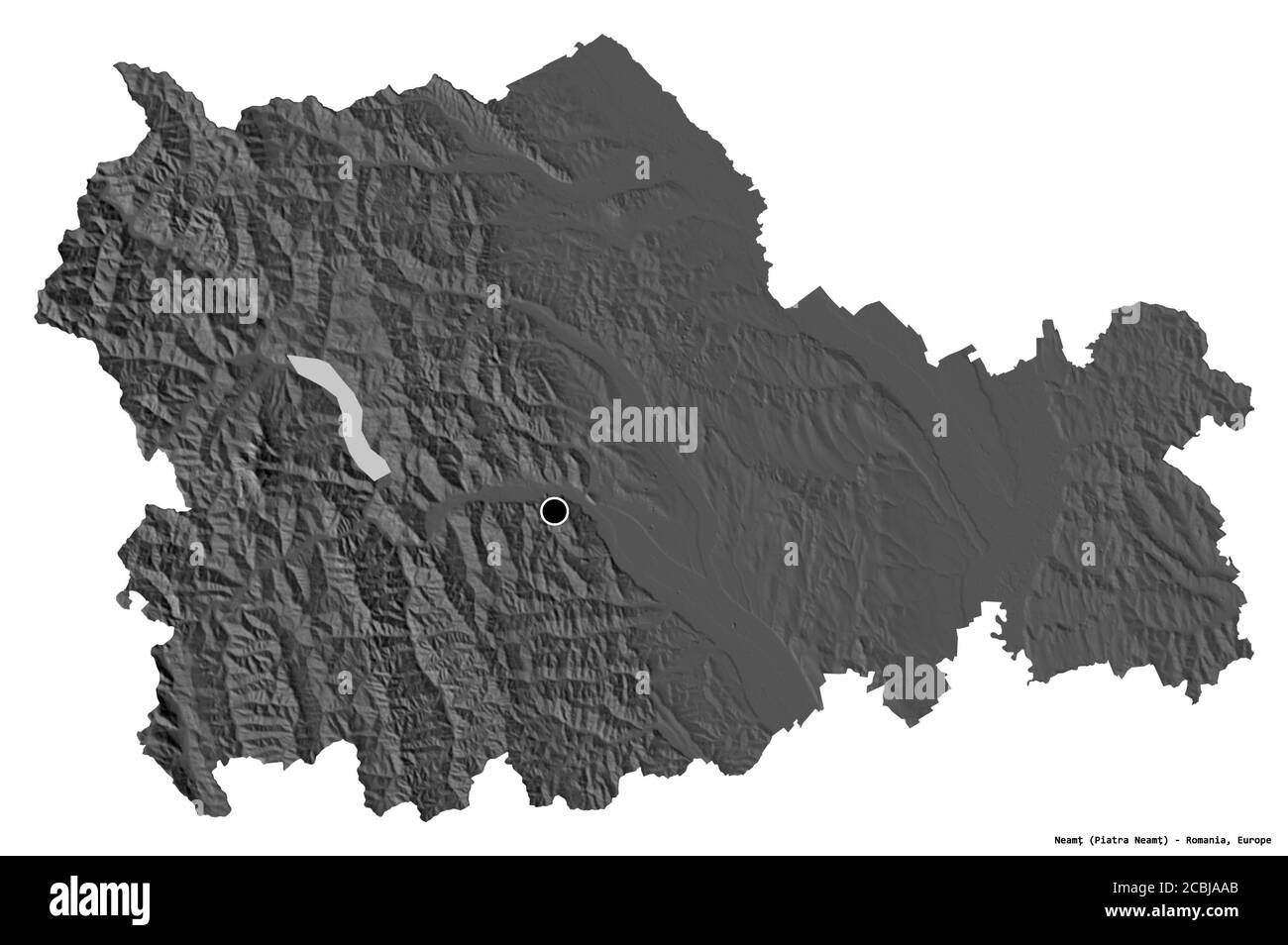 Shape of Neamț, county of Romania, with its capital isolated on white background. Bilevel elevation map. 3D rendering Stock Photo