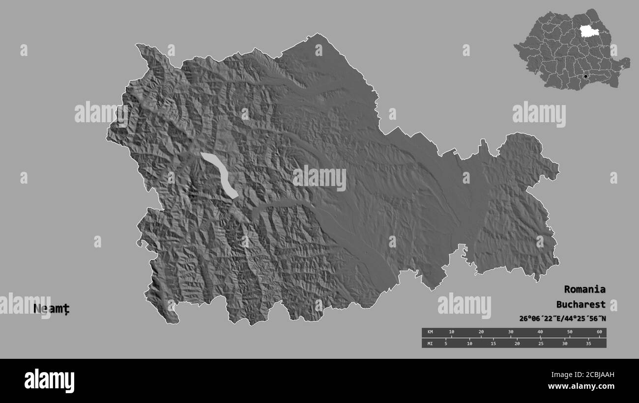 Shape of Neamț, county of Romania, with its capital isolated on solid background. Distance scale, region preview and labels. Bilevel elevation map. 3D Stock Photo