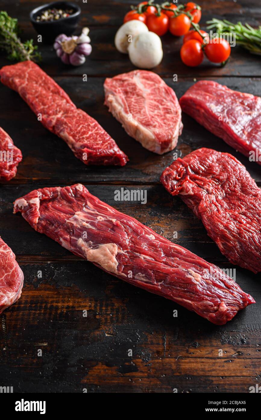 Alternative beef cut machete skirt steak close up in front of other