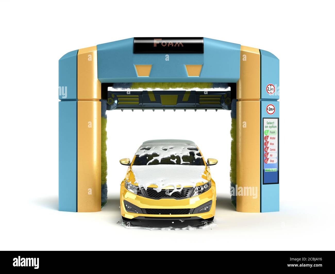 automatic car wash concept yellow car covered in foam stands inside a