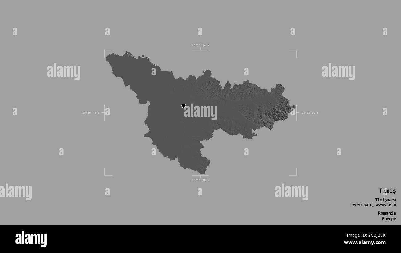 Area of Timiș, county of Romania, isolated on a solid background in a ...