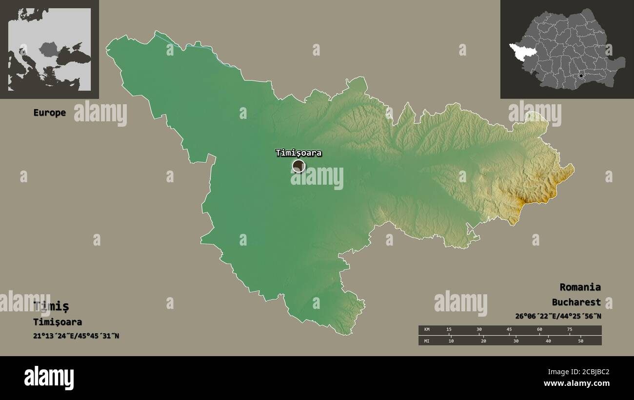 Shape of Timiș, county of Romania, and its capital. Distance scale ...