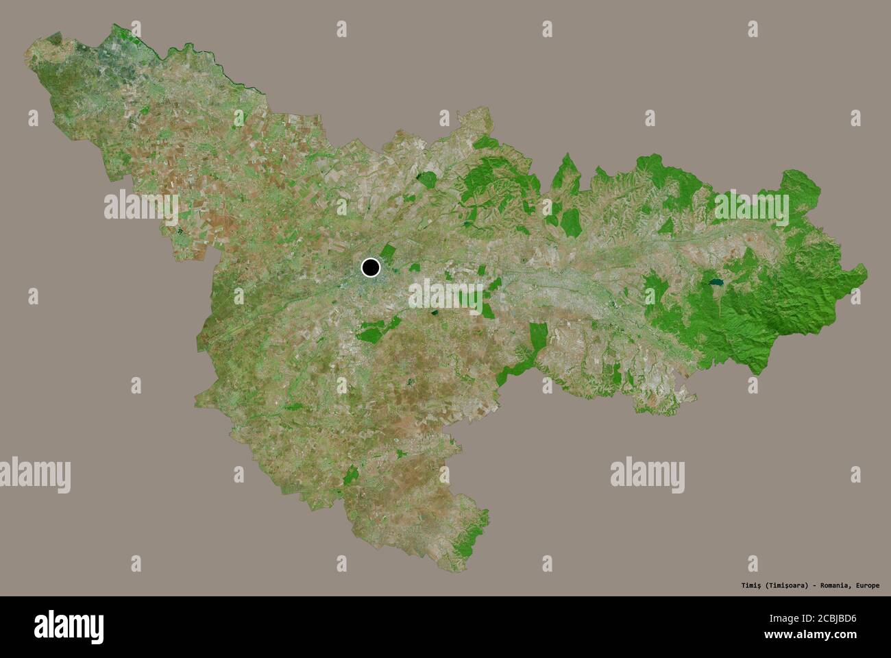 Shape of Timiș, county of Romania, with its capital isolated on a solid ...