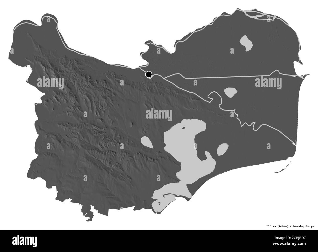 Shape of Tulcea, county of Romania, with its capital isolated on white