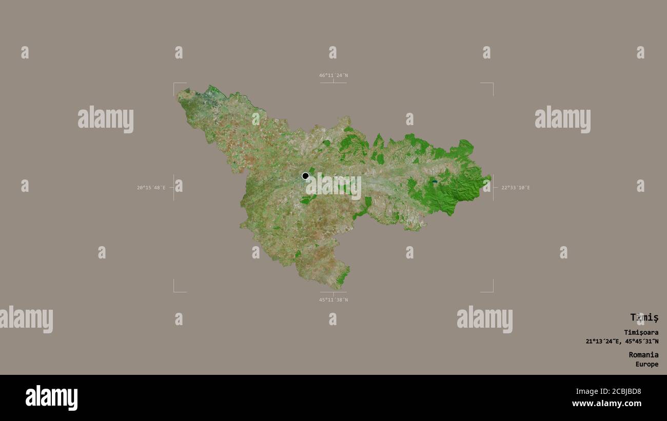 Area of Timiș, county of Romania, isolated on a solid background in a ...