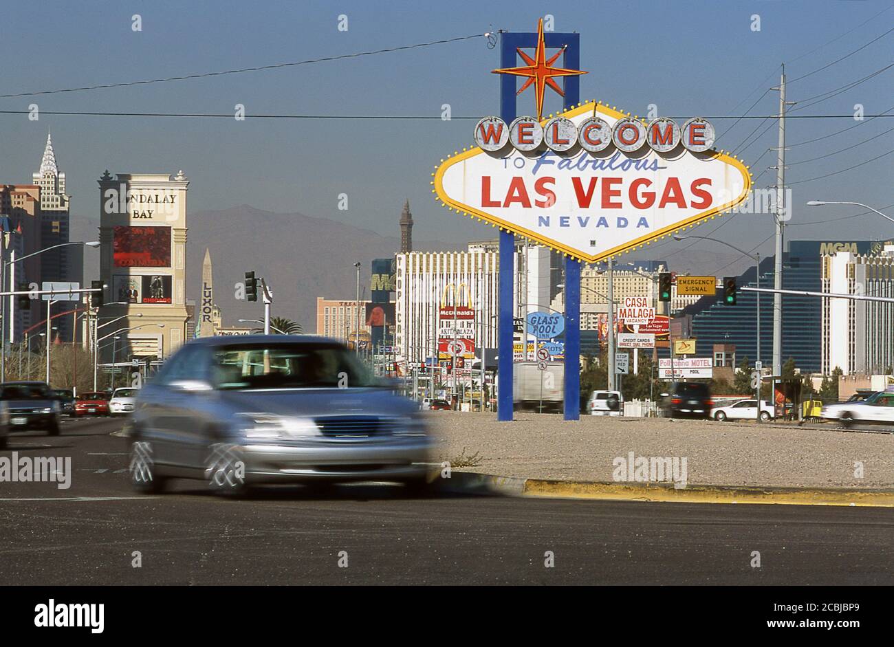 Mercedes Benz S Class 500  turning at the  Las Vegas city road sign Nevada USA 1998 Stock Photo
