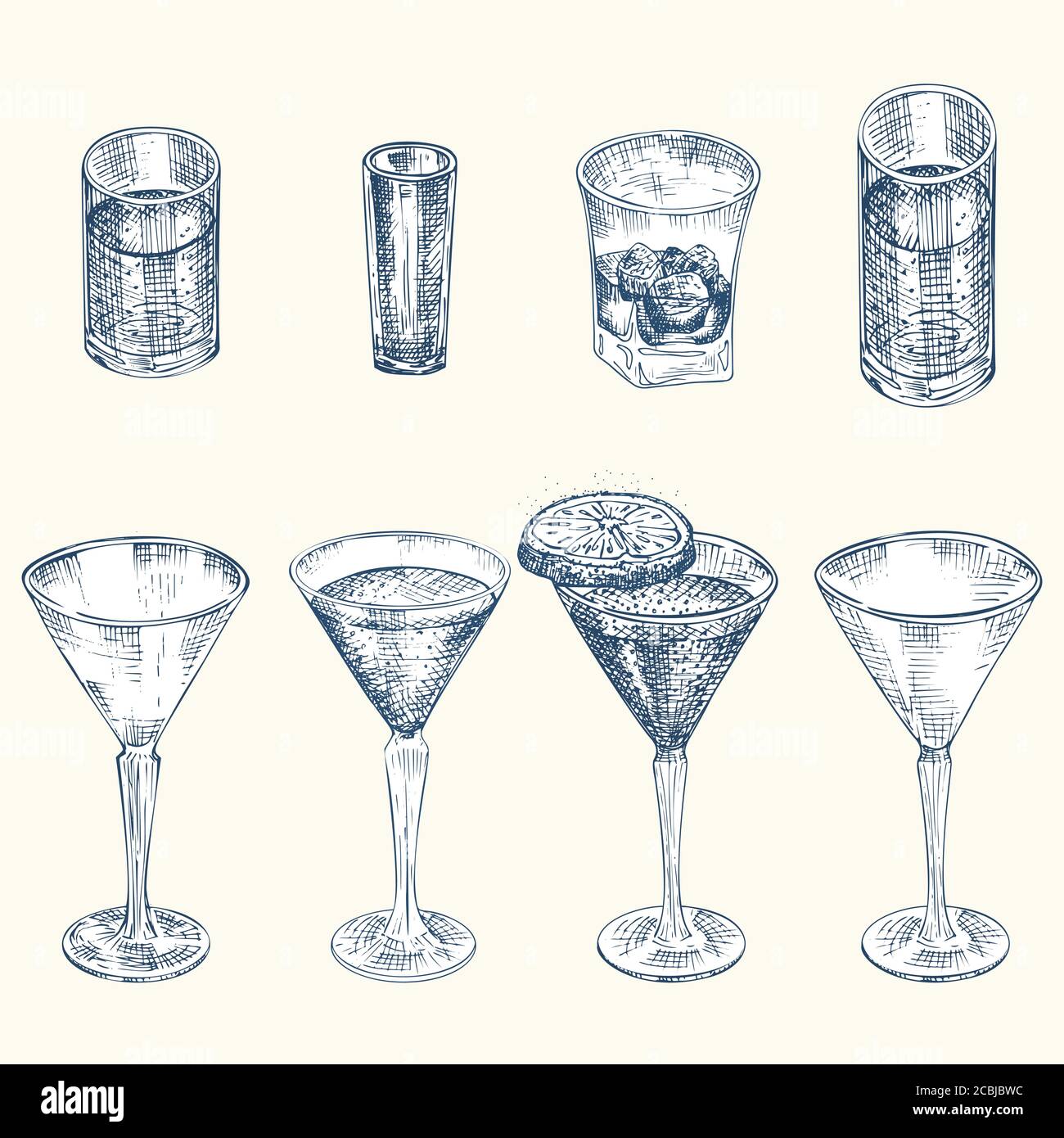 Set hand drawn sketch glasses for alcoholic drink. Champagne, whiskey Vintage design bar, restaurant, cafe menu on white background. Creative template Stock Vector