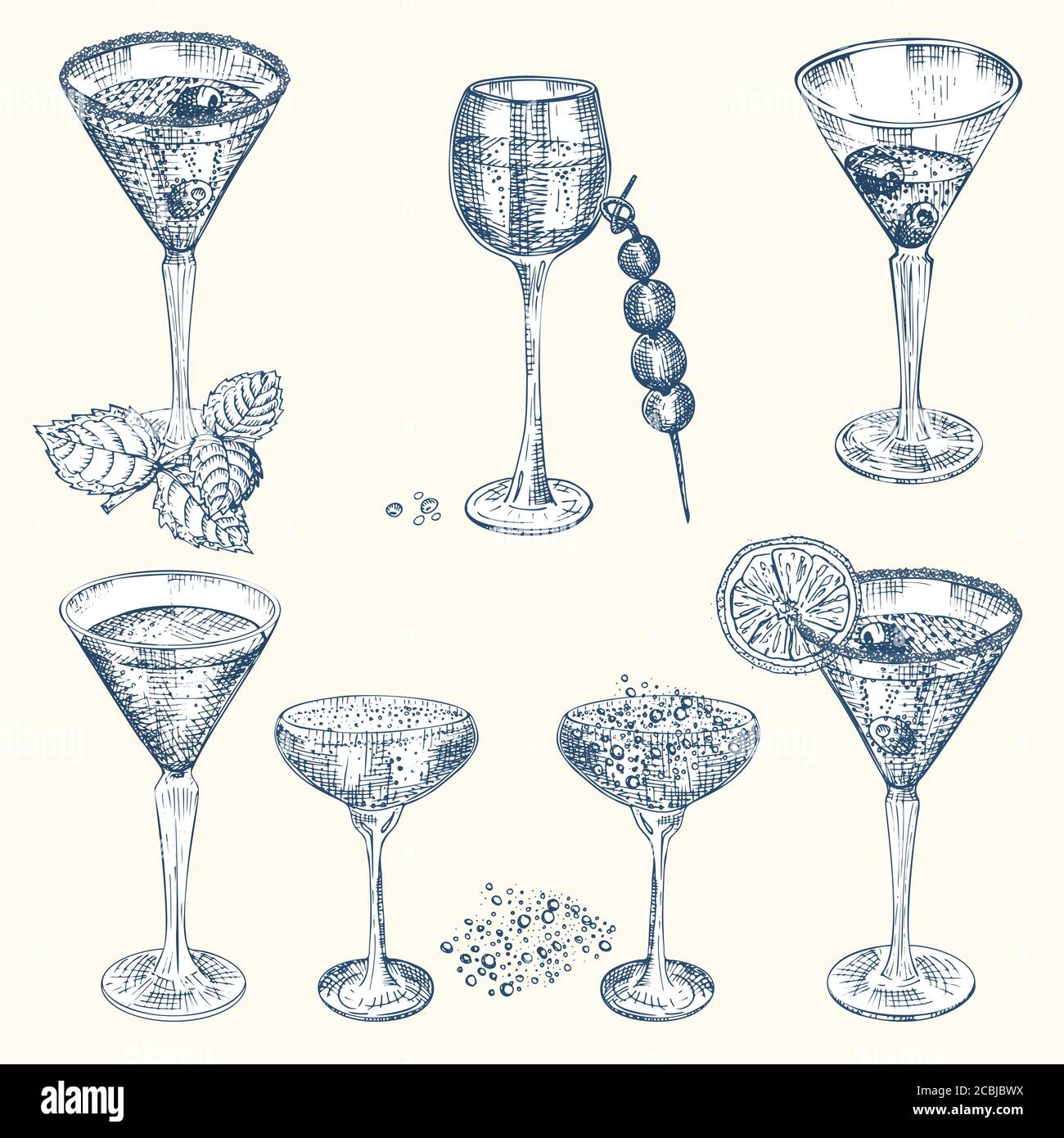 Set hand drawn sketch glasses for alcoholic drink. Champagne. Vintage design bar, restaurant, cafe menu on white background. Creative template for Stock Vector