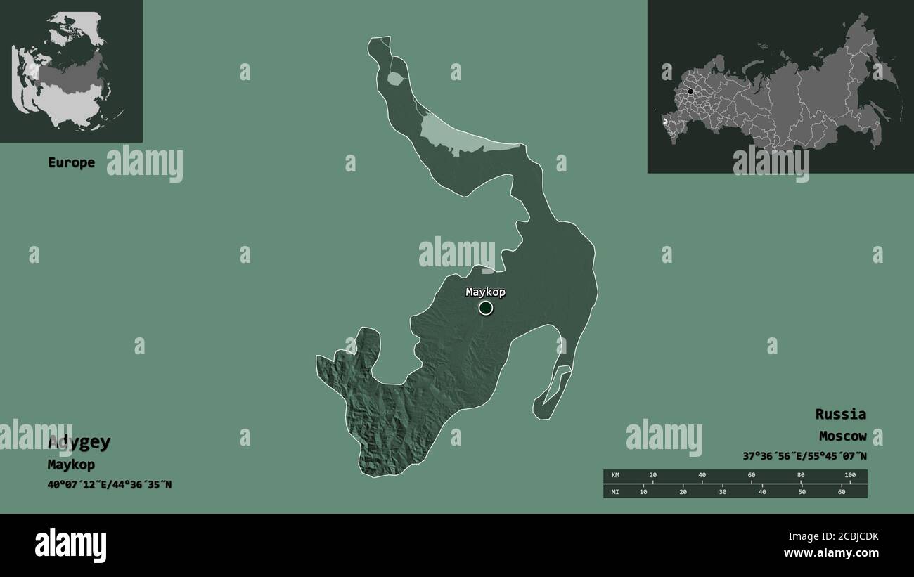 Shape of Adygey, republic of Russia, and its capital. Distance scale ...