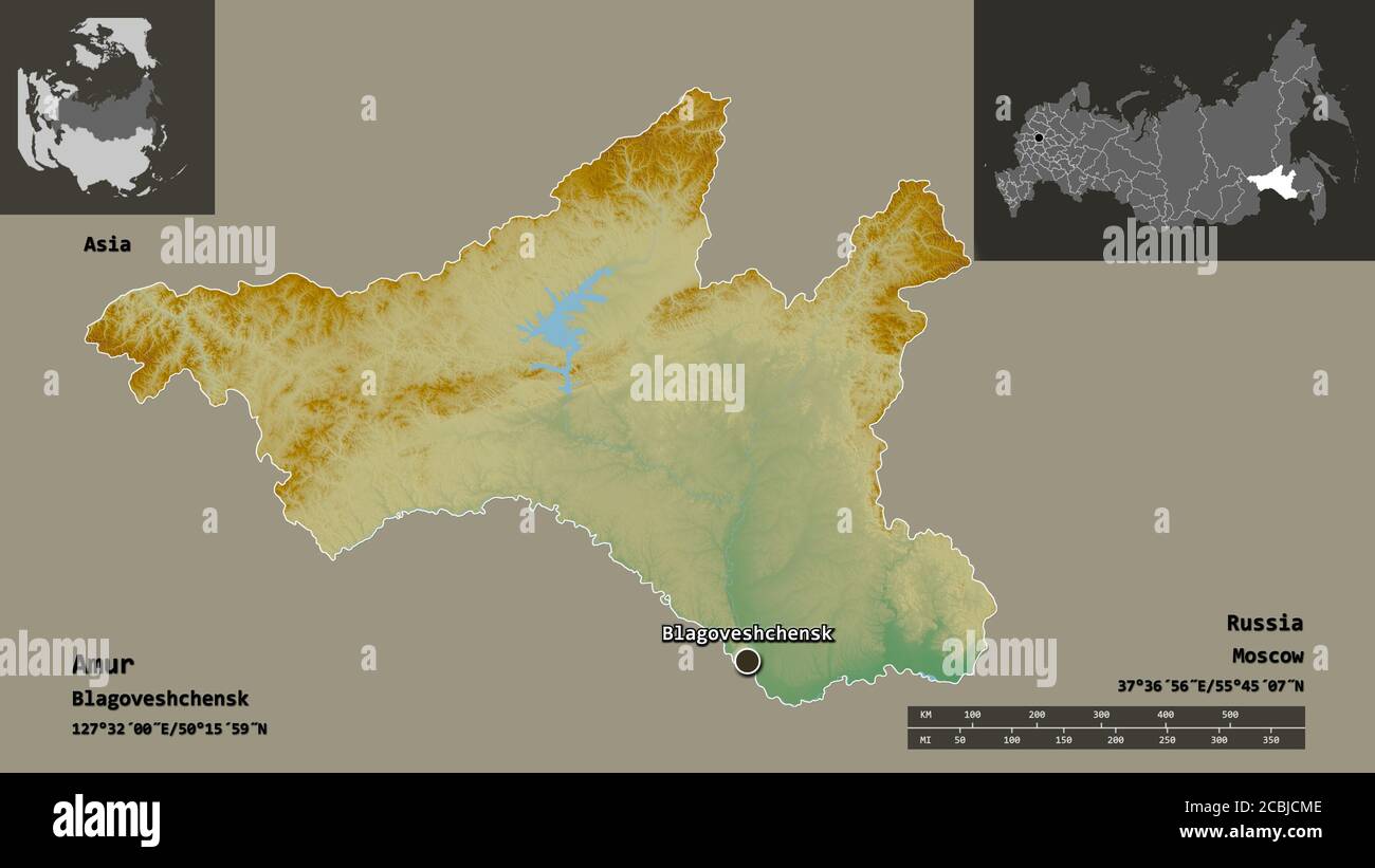 Shape of Amur, region of Russia, and its capital. Distance scale, previews and labels