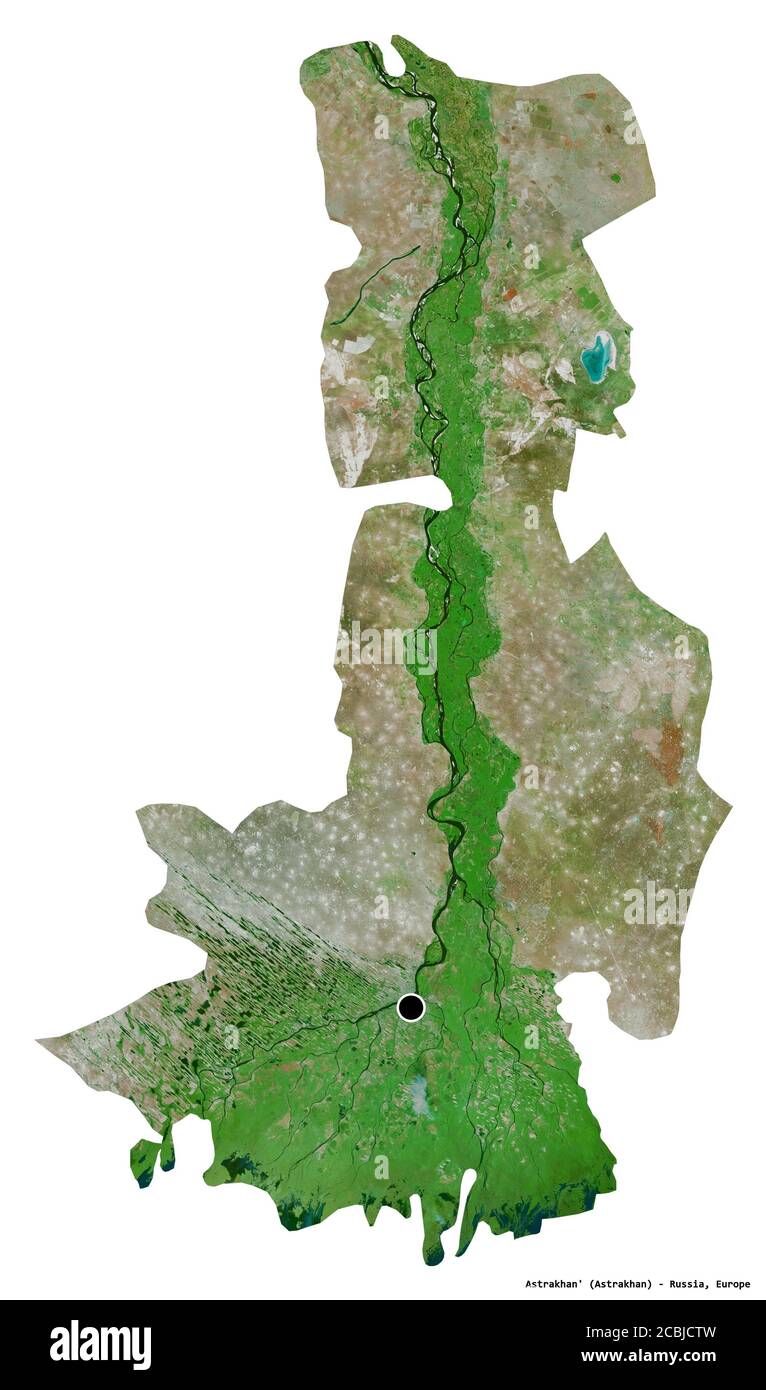 Shape of Astrakhan', region of Russia, with its capital isolated on white background. Satellite imagery. 3D rendering Stock Photo