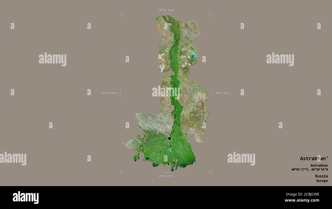 Area of Astrakhan', region of Russia, isolated on a solid background in a georeferenced bounding box. Labels. Satellite imagery. 3D rendering Stock Photo