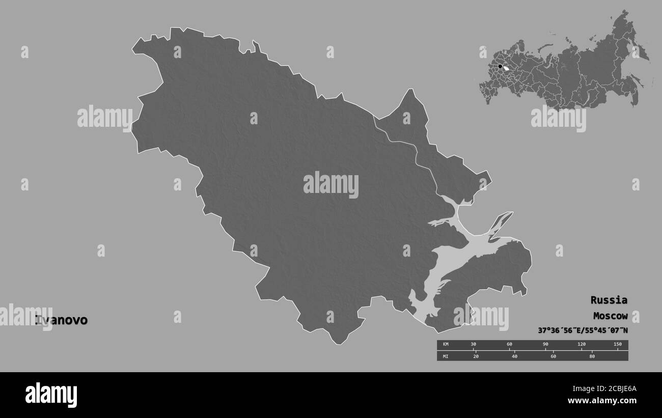 Shape of Ivanovo, region of Russia, with its capital isolated on solid ...