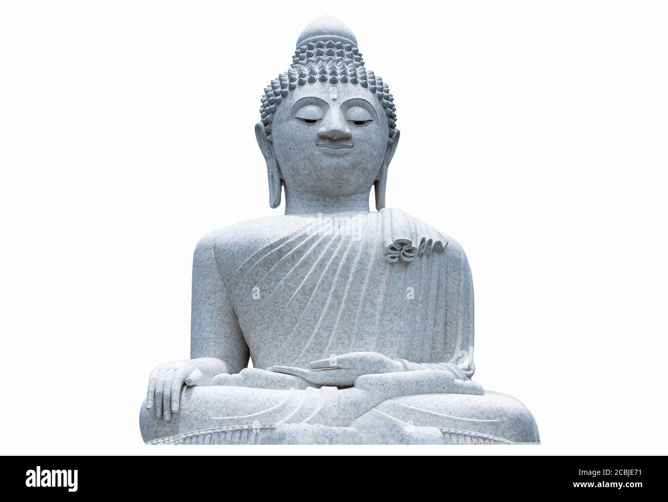 White stone Buddha statue with meditating and smiling posture. isolated on white background