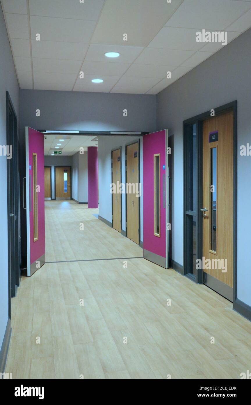 Deserted corridor in a brand new London secondary school, shows coloured fire doors and timber flooring. Stock Photo