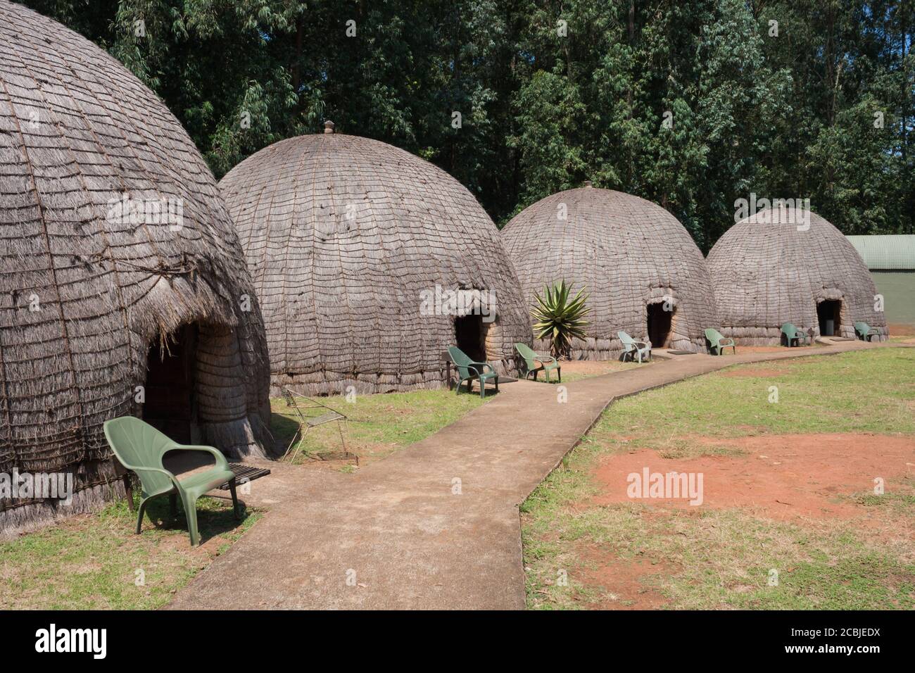Mlilwane, Eswatini (Swaziland) April 5 2015: Mlilwane Wildlife Sanctuary Rest Camp beehive village accommodation. Stock Photo