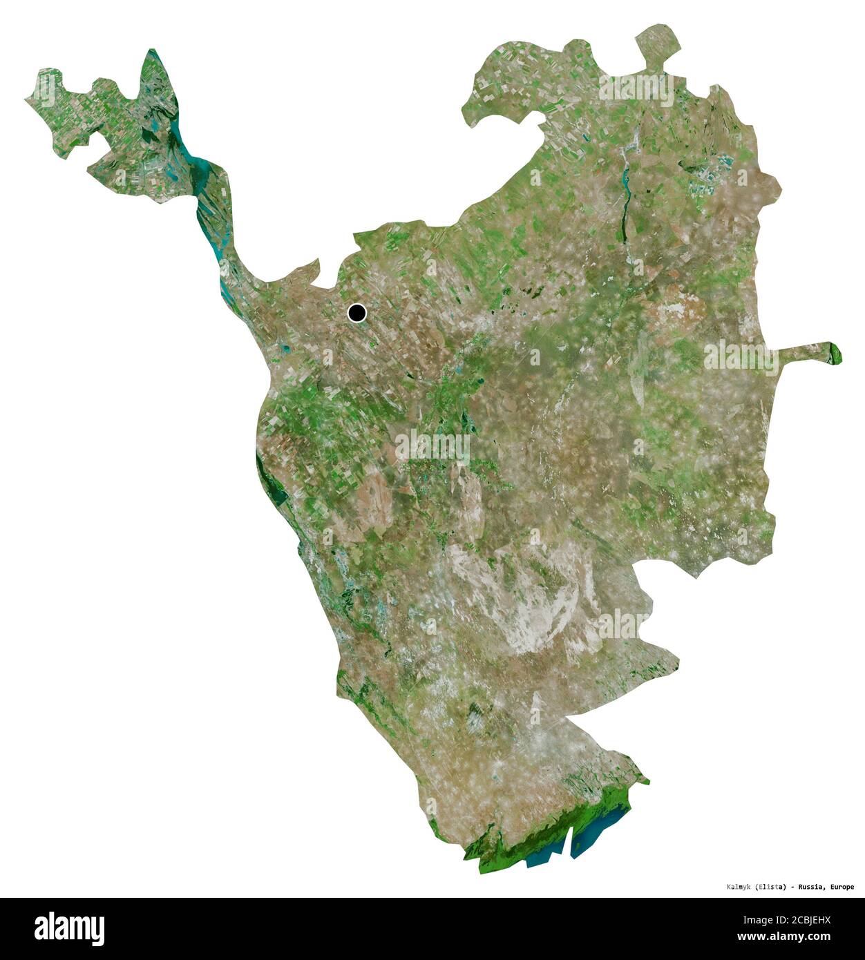 Shape of Kalmyk, republic of Russia, with its capital isolated on white background. Satellite imagery. 3D rendering Stock Photo