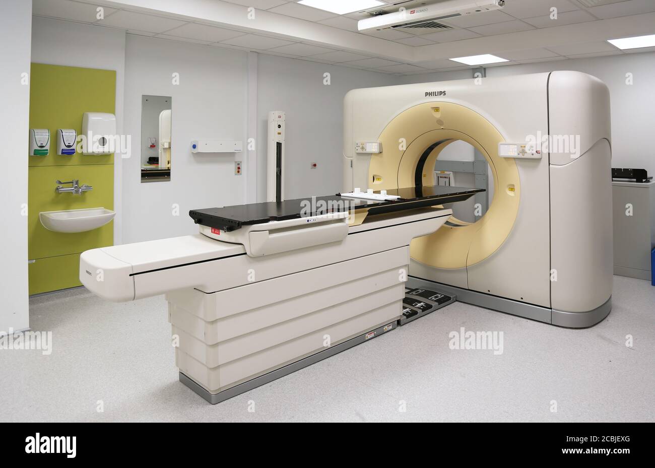 A newly installed Philips CT scanner photographed during commissioning at Eastbourne Hospital, East Sussex, UK Stock Photo