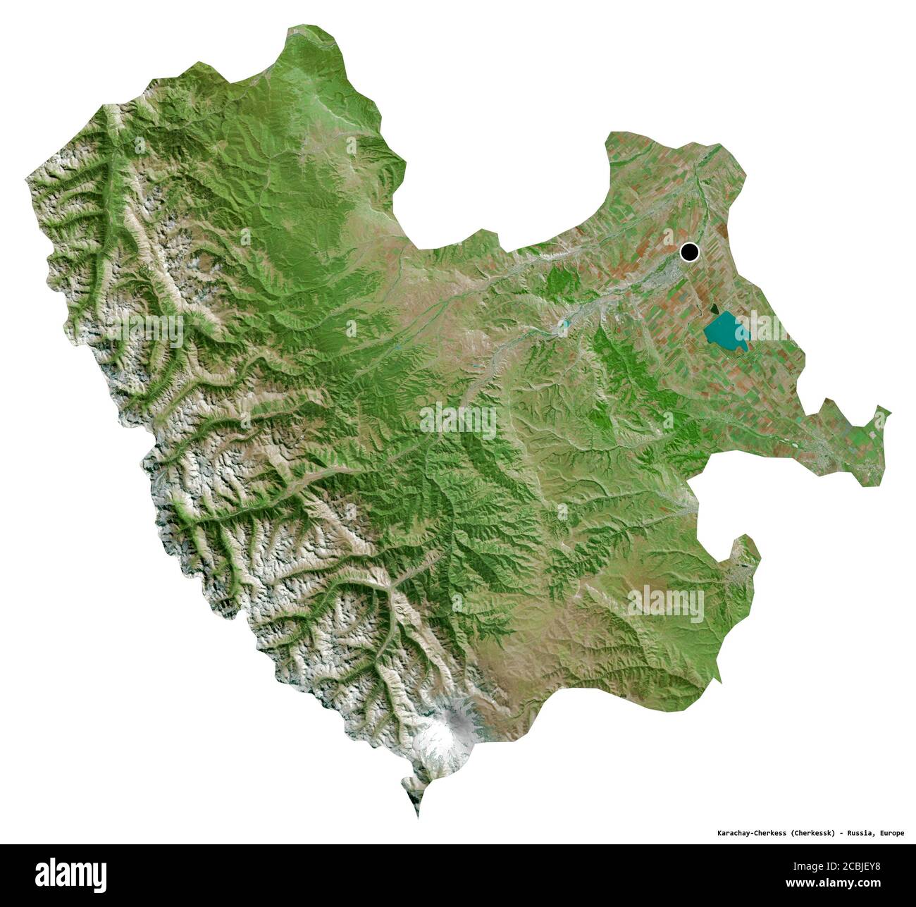 Shape of Karachay-Cherkess, republic of Russia, with its capital isolated on white background. Satellite imagery. 3D rendering Stock Photo