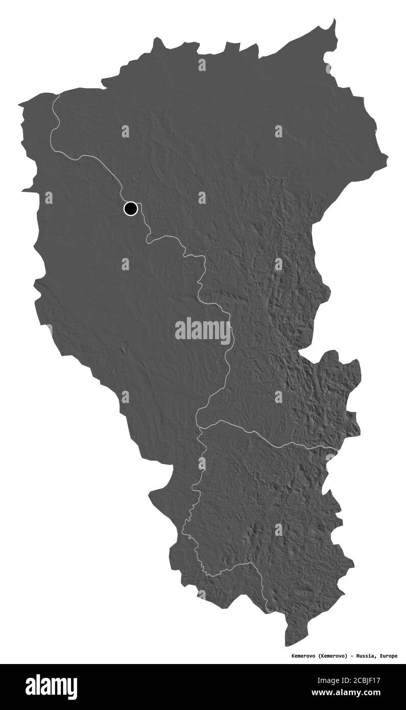 Shape of Kemerovo, region of Russia, with its capital isolated on white ...